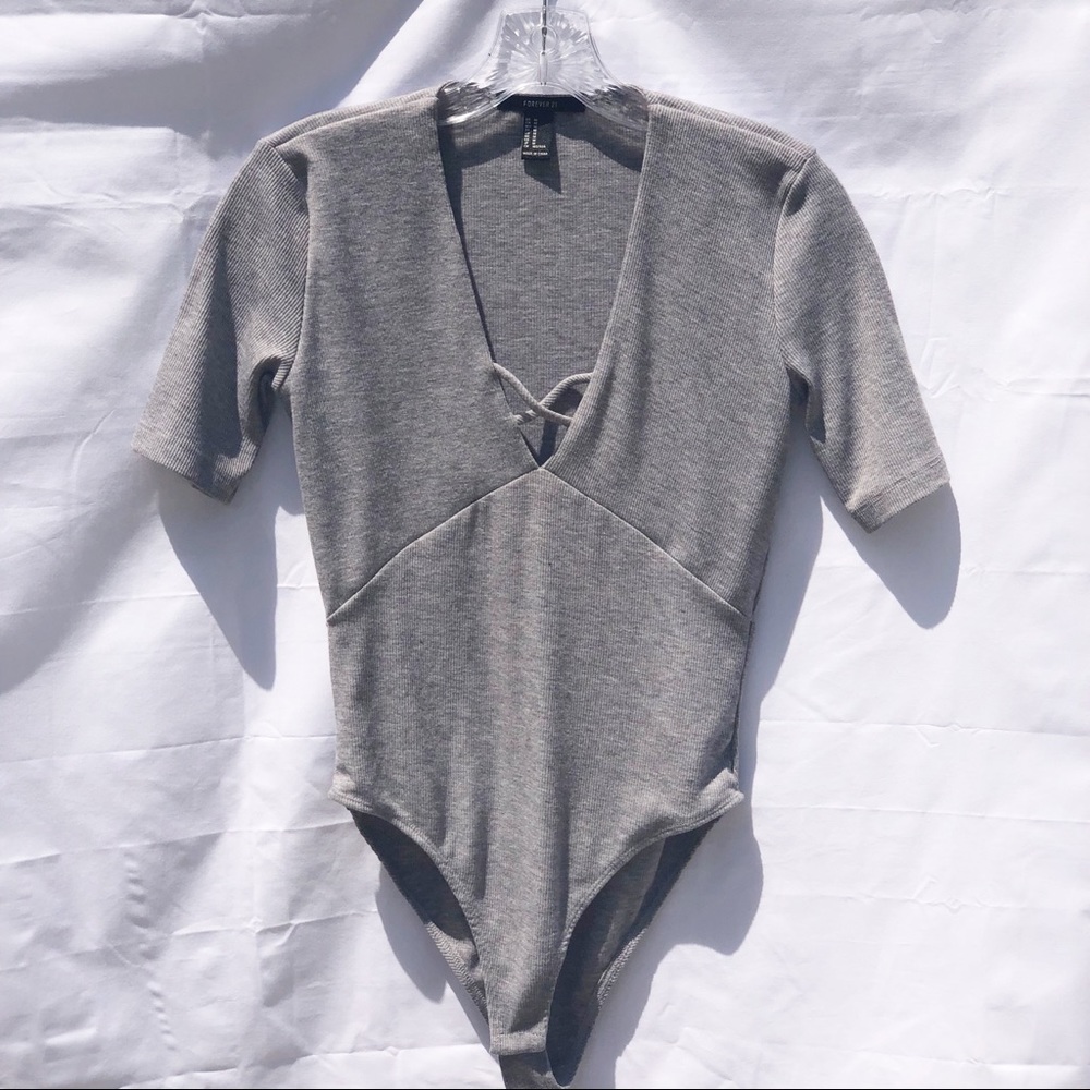 Forever 21 Bodysuit Grey Deep V-Neck Medium